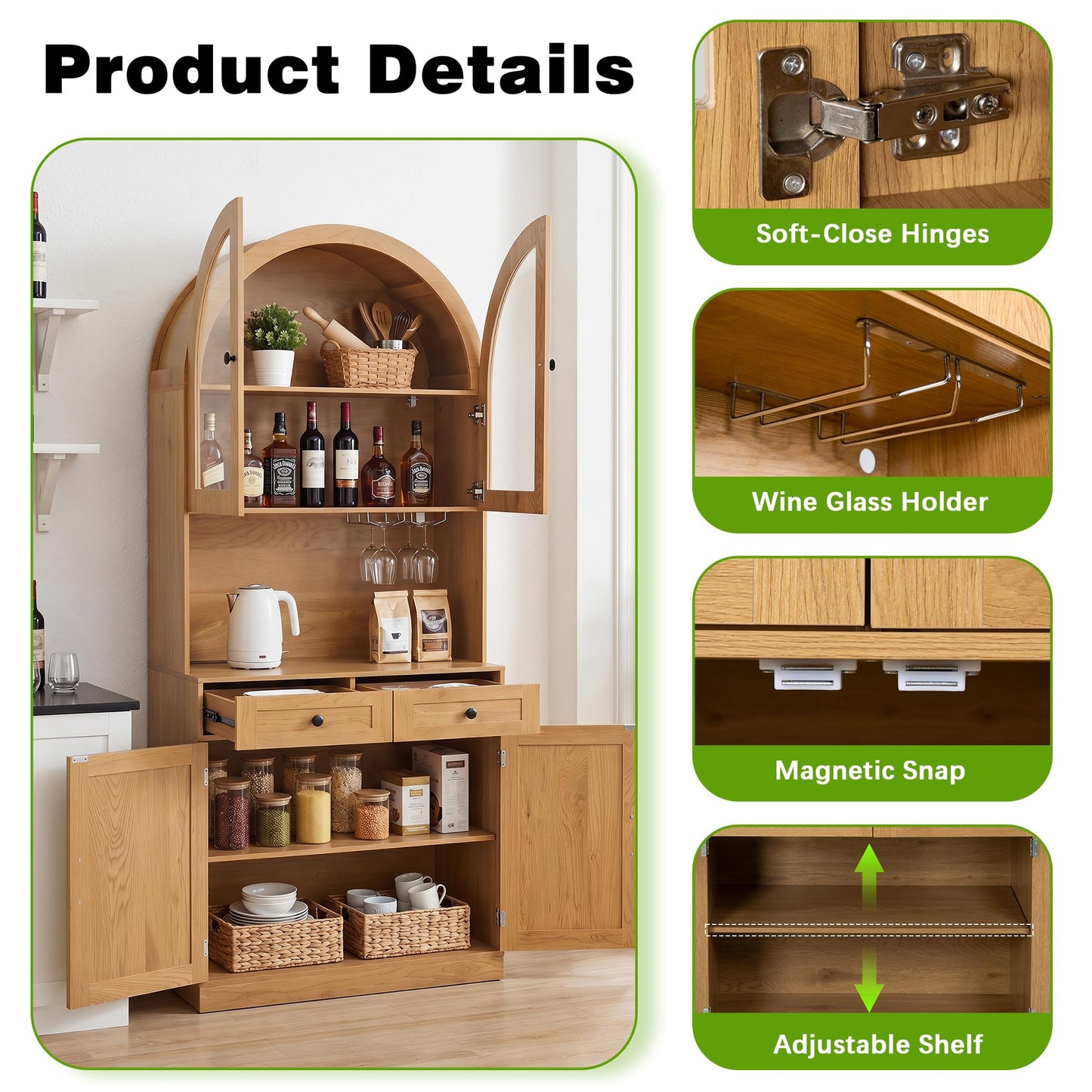 KEIKI 75 Inch Farmhouse Pantry Cabinet with Charging Station, Tall Arched Coffee Bar Cabinet with Adjustable Shelves & Drawer, Freestanding Storage Sideboard for Kitchen Dining Room Living Room, Oak