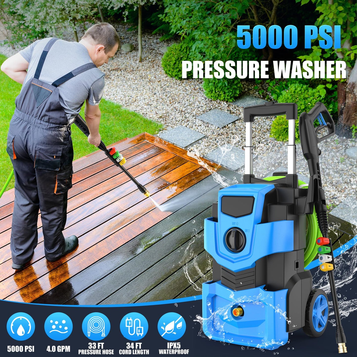 Commowner Pressure Washer 5000PSI Adjustable Pressure Power Washers Powered with 33ft Hose, 4 Nozzle and Foam Cannon, Powerwashers Cleaner Machine for Home, Cars, Blue