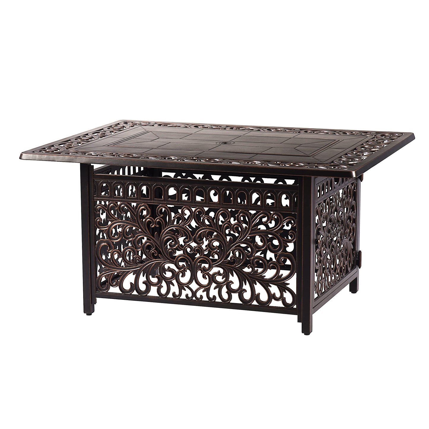 Oakland Living Rectangular 48 in. x 36 in. Aluminum Propane Black Fire Pit Table with Fire Beads, Lid, Propane Tank Cover and Table Fabric Covers, 57,0000 BTU in Copper Finish