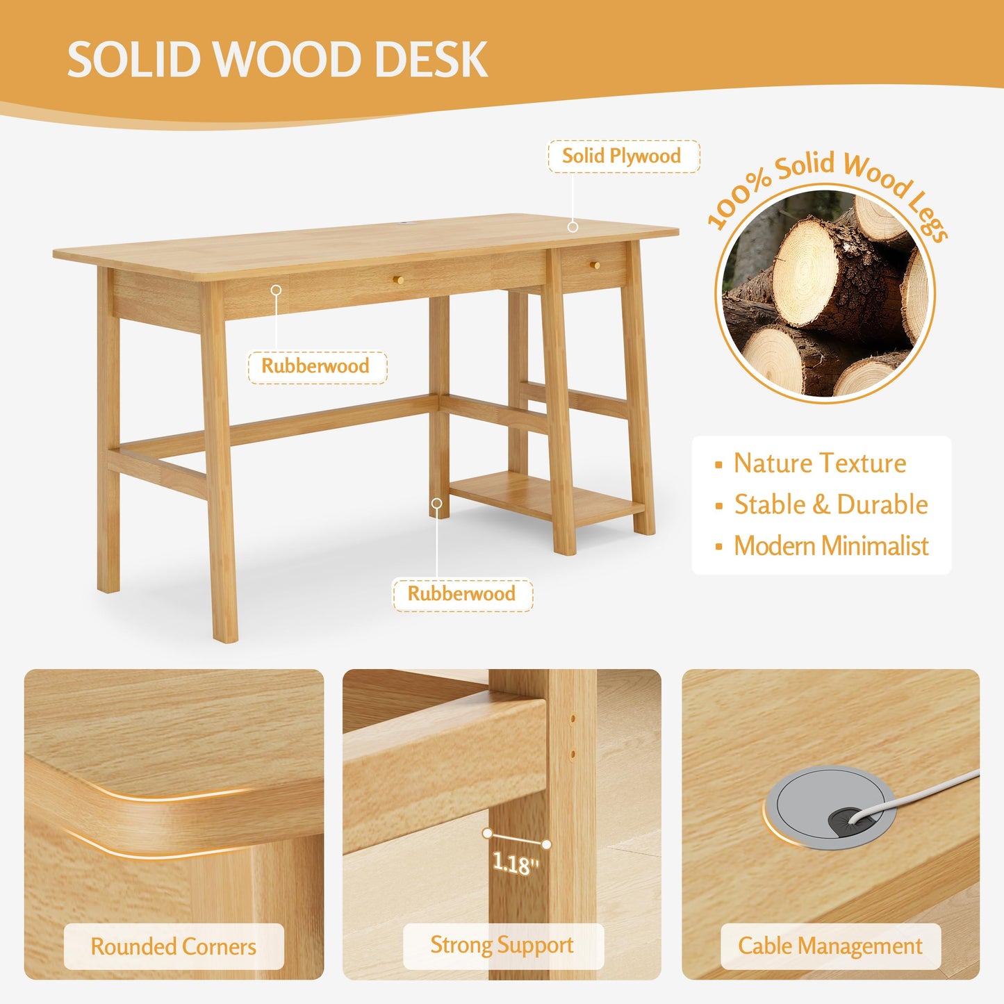 NELYE Solid Wood Desk with Drawer - 58 Inch Modern Writing and Computing Workstation for Home Office in Oak