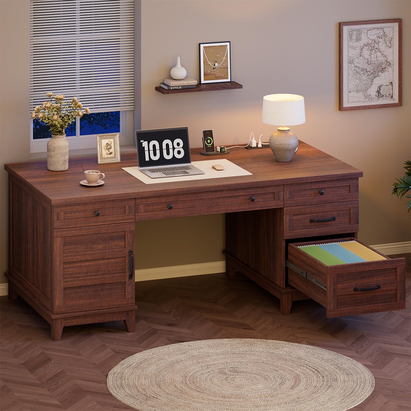 GAOMON 60in Wooden Executive Desk with 5 Drawers, Office Desk Computer Table with Charging Station, Farmhouse Home Office Desk with File Cabinet Storage, for Study and Home Office, Walunt Brown