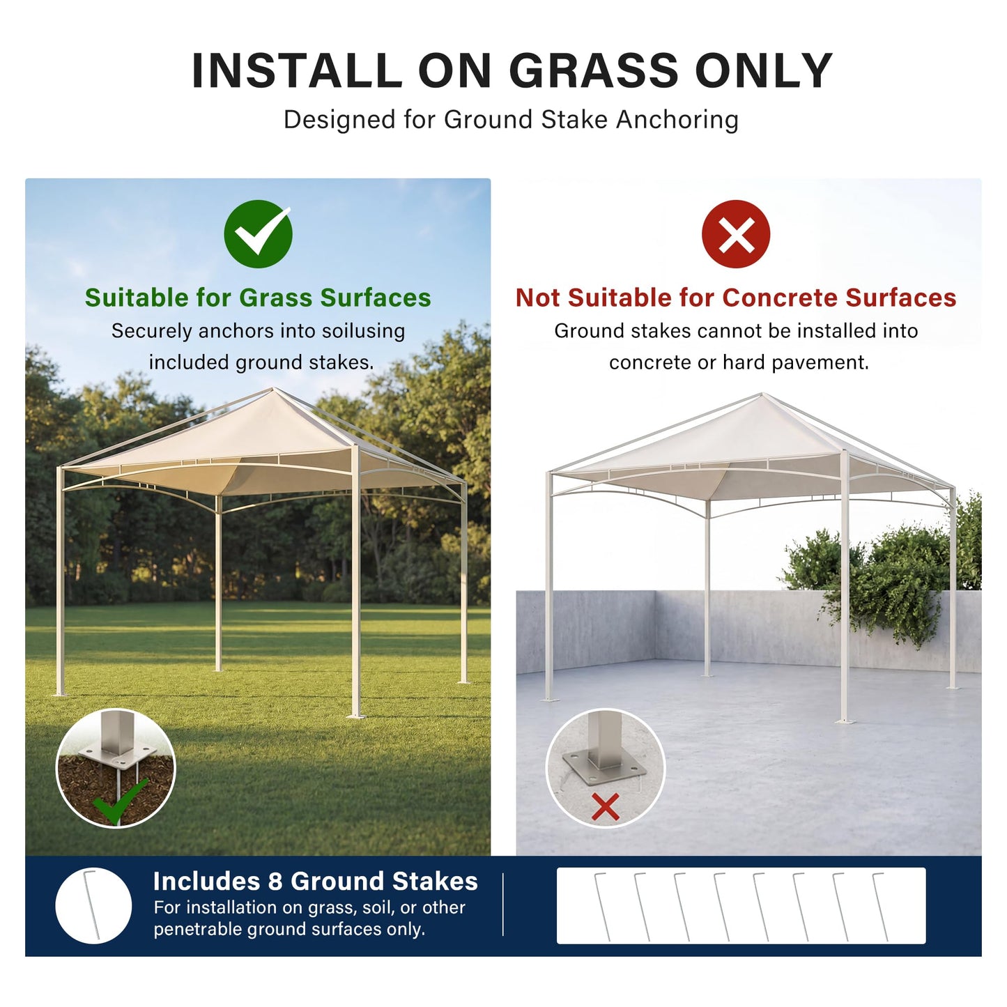 LAUSAINT HOME 10x10 Outdoor Shade Canopy Gazebo for Patio Lawn & Garden, UV50+ Sun Protection Gazebo with 180G Polyester Fabric, Sturdy Powder Coated Metal Frame, Includes 8 Ground Stakes, Beige