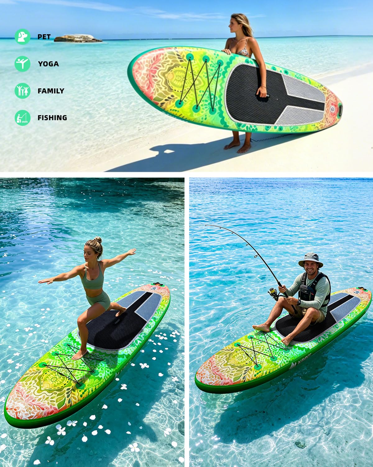 AISUNSS Inflatable Stand Up Paddle Board, 10'6"×33"×6" Extra Wide Stable SUP Board for Adults, Non-Slip Deck ISUP with High-Tracking Center Fin, Complete Paddleboard Kit (Green Meditation)