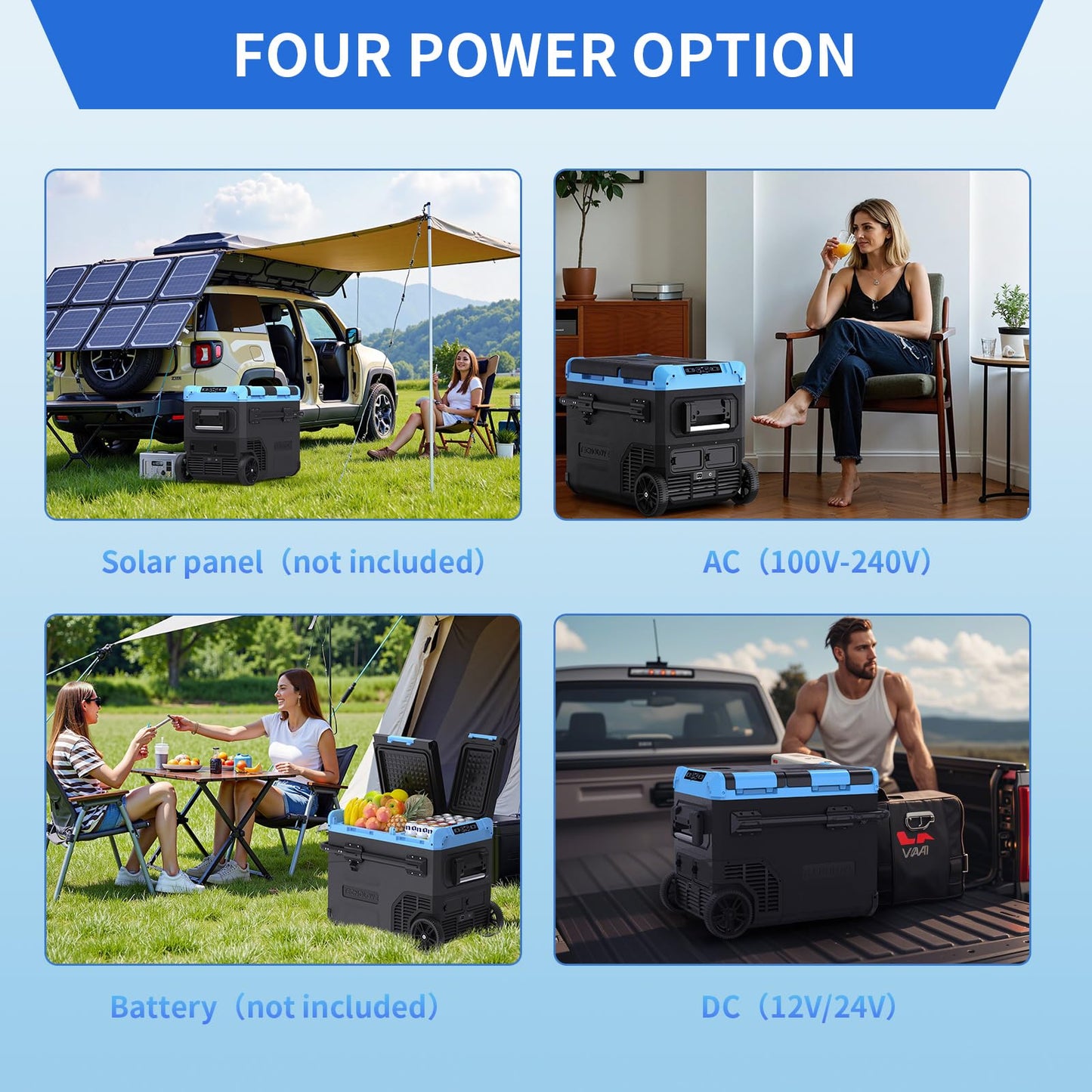 Tecnolove 45L Dual Zone Car Refrigerator Freezer, -4℉~68℉, 48Qt Compressor Cooler with Reversible Door, Metal Handle, Dual Battery Slot, 100–240V AC / 12V / 24V DC Powered, LED Light – Ice Blue