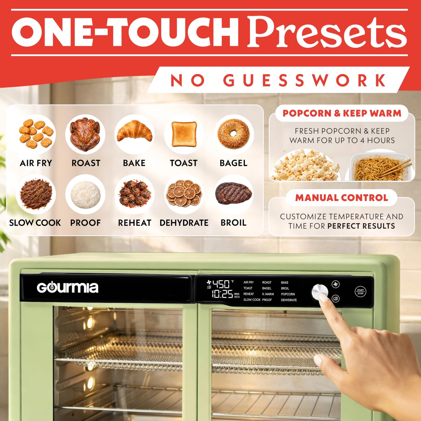 Gourmia French Door Air Fryer Oven - 37 Qt Large Capacity Convection Toaster Oven, FryForce 360°, Digital Display, 12 Cooking Presets, Dehydrate, Fits 13” Pizza, Dishwasher-Safe, Green