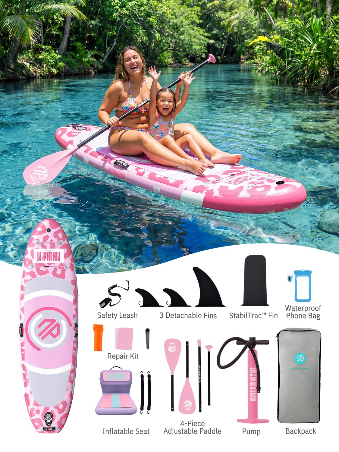 Niphean（Ultra-Light） Inflatable Paddle Board with StabilTrac Fin and Durable SUP Accessories, 10' Stand Up Paddle Boards for Adults & Youth, Versatile Yoga Paddle Board, Gift Ideas-Leopard with Seat