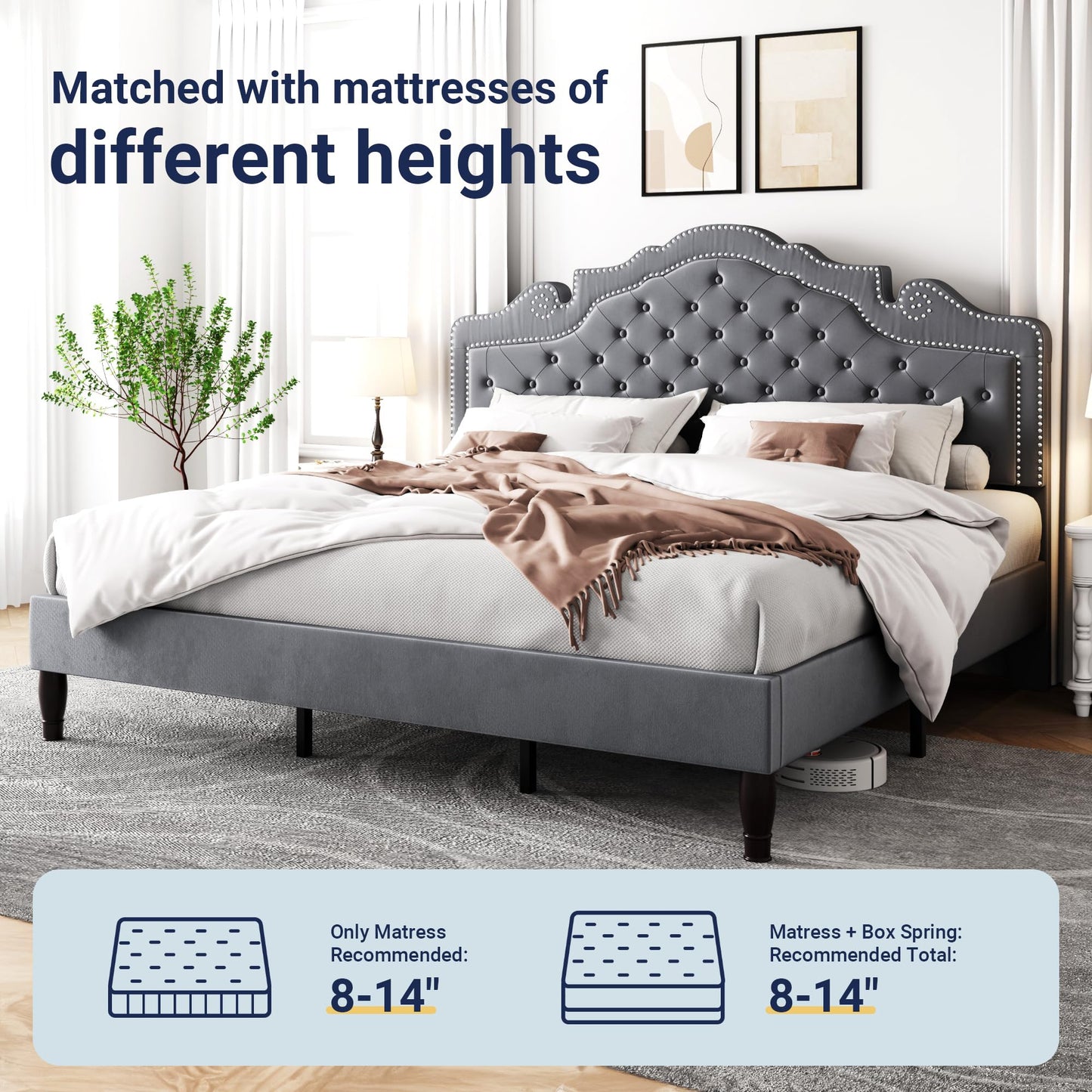 Allewie King Size Bed Frame with Adjustable Velvet Tiara Headboard, Upholstered Diamond Button Tufted Platform Bed, Wood Slats Support, No Box Spring Needed, Light Grey