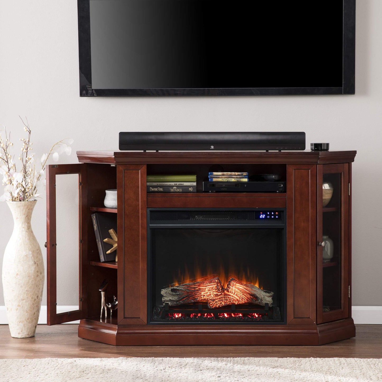 SEI Furniture Claremont Corner Convertible Electric Fireplace with Storage, New Cherry