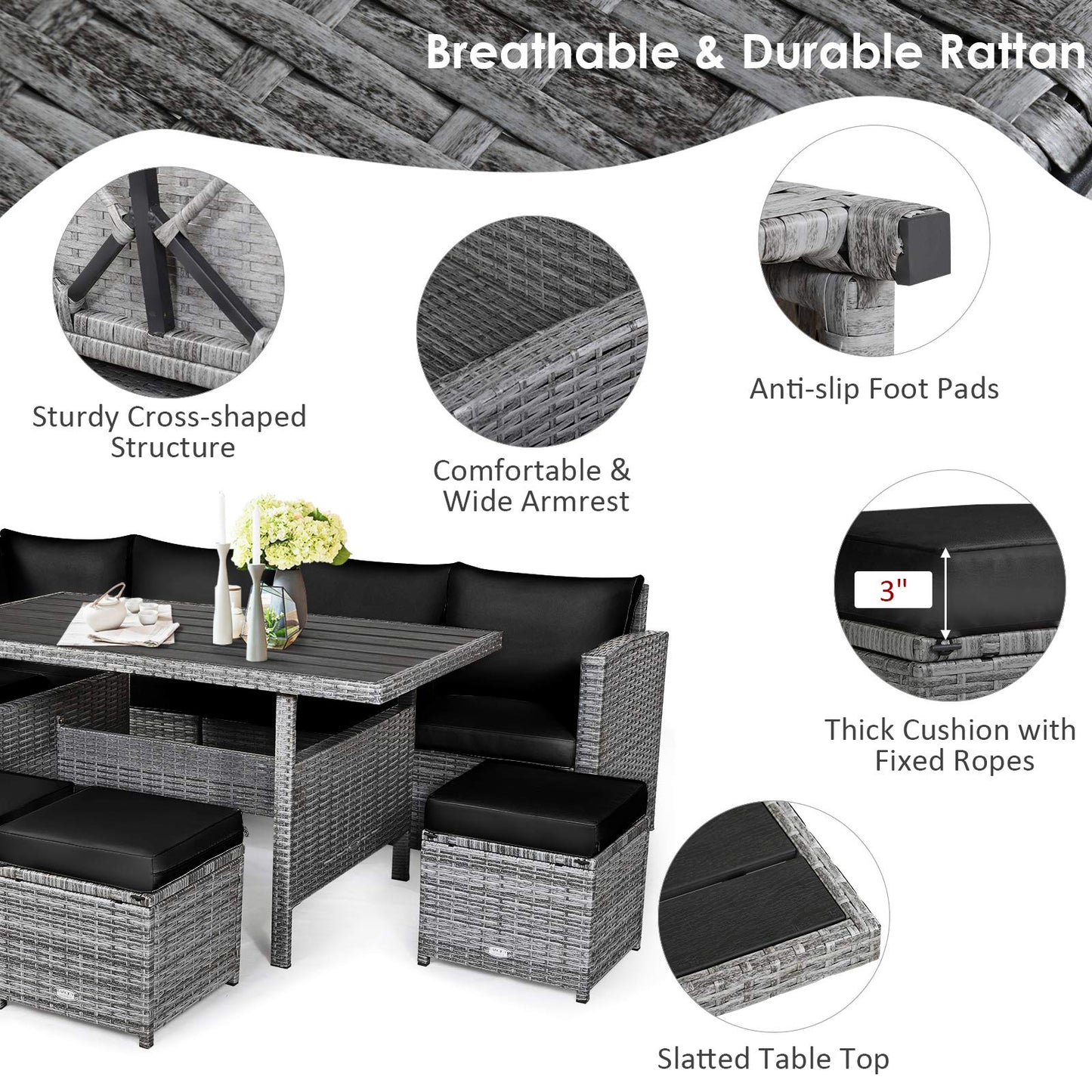 Tangkula 7 Pieces Patio Furniture Set, Outdoor Sectional Rattan Sofa Set with Cushions, All Weather Wicker Conversation Couch Set w/Dining Table & Ottomans for Backyard Garden Poolside, Black