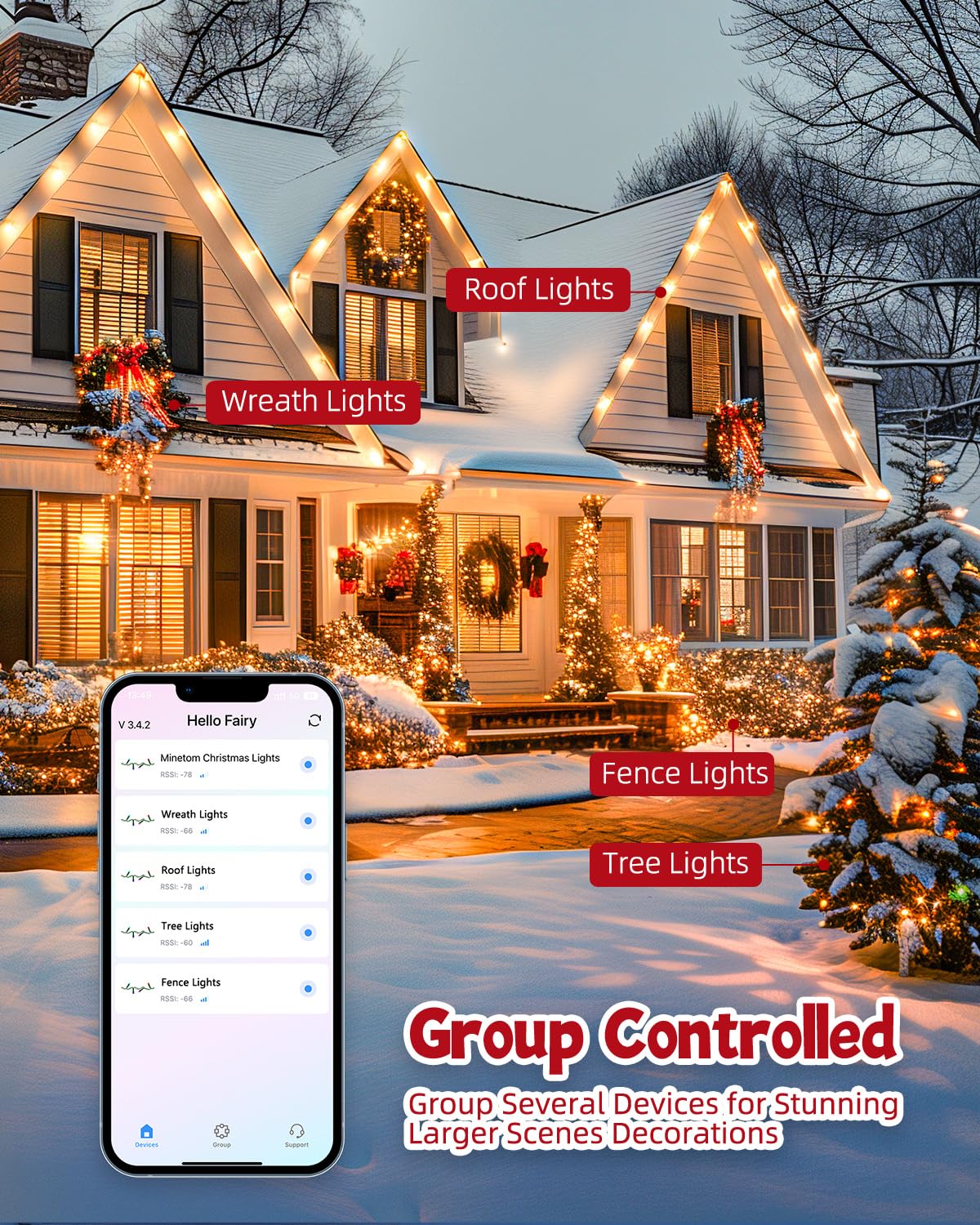 Minetom RGB Color Changing Christmas Lights, 165Ft, 500 LED, App Control, Multicolor, Model RKPO-UL2400500IP44-1