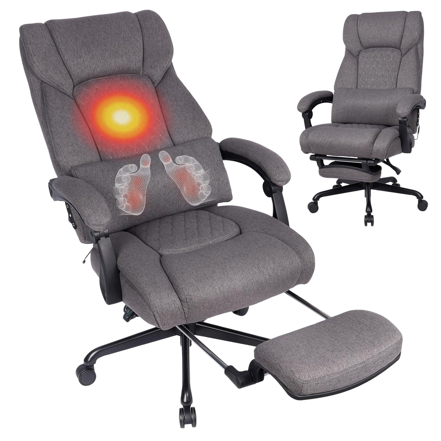 EGSEAT 3D Kneading Massage Office Chair with Heat, 500 lbs Big and Tall Executive Computer Desk Recliner, Leather Electric Heated Office Chairs with Massage & Footrest, Gery