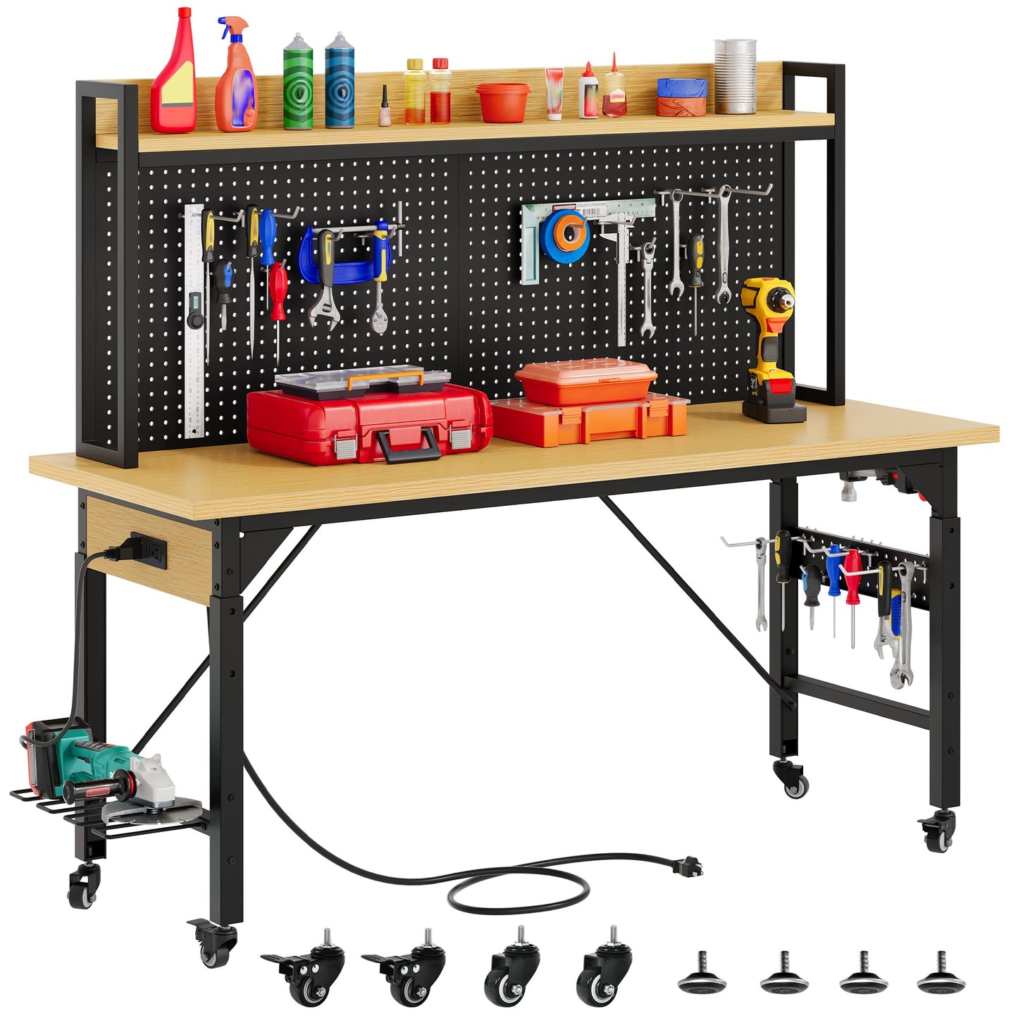 DWVO 60in Heavy Duty Workbench with Pegboard & Wheels Adjustable Work Table