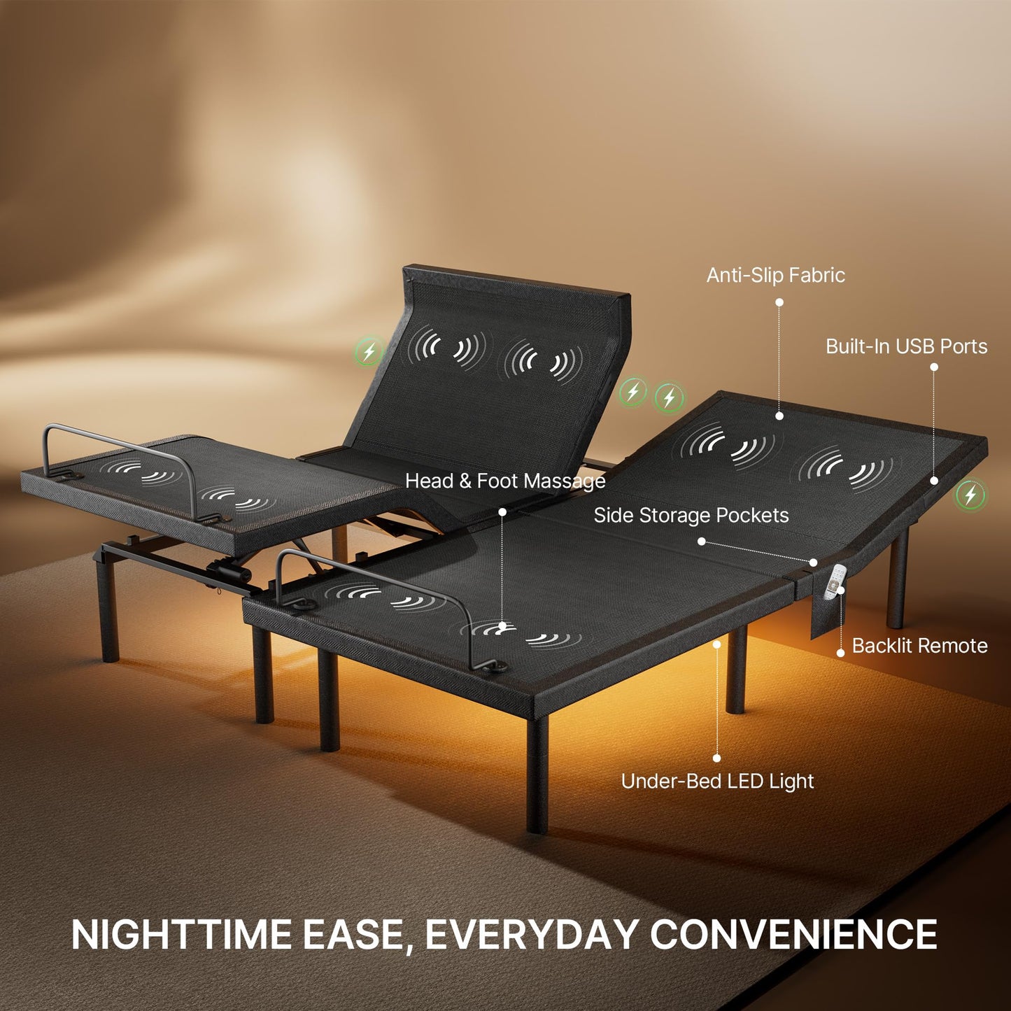AMADA HOMEFURNISHING Split King Adjustable Bed Set, 3-Motor Adjustable Bed with Massage, Head & Foot Lift, Headrest Tilt, Zero Gravity, Anti-Snore, App & Remote Control, Easy Setup