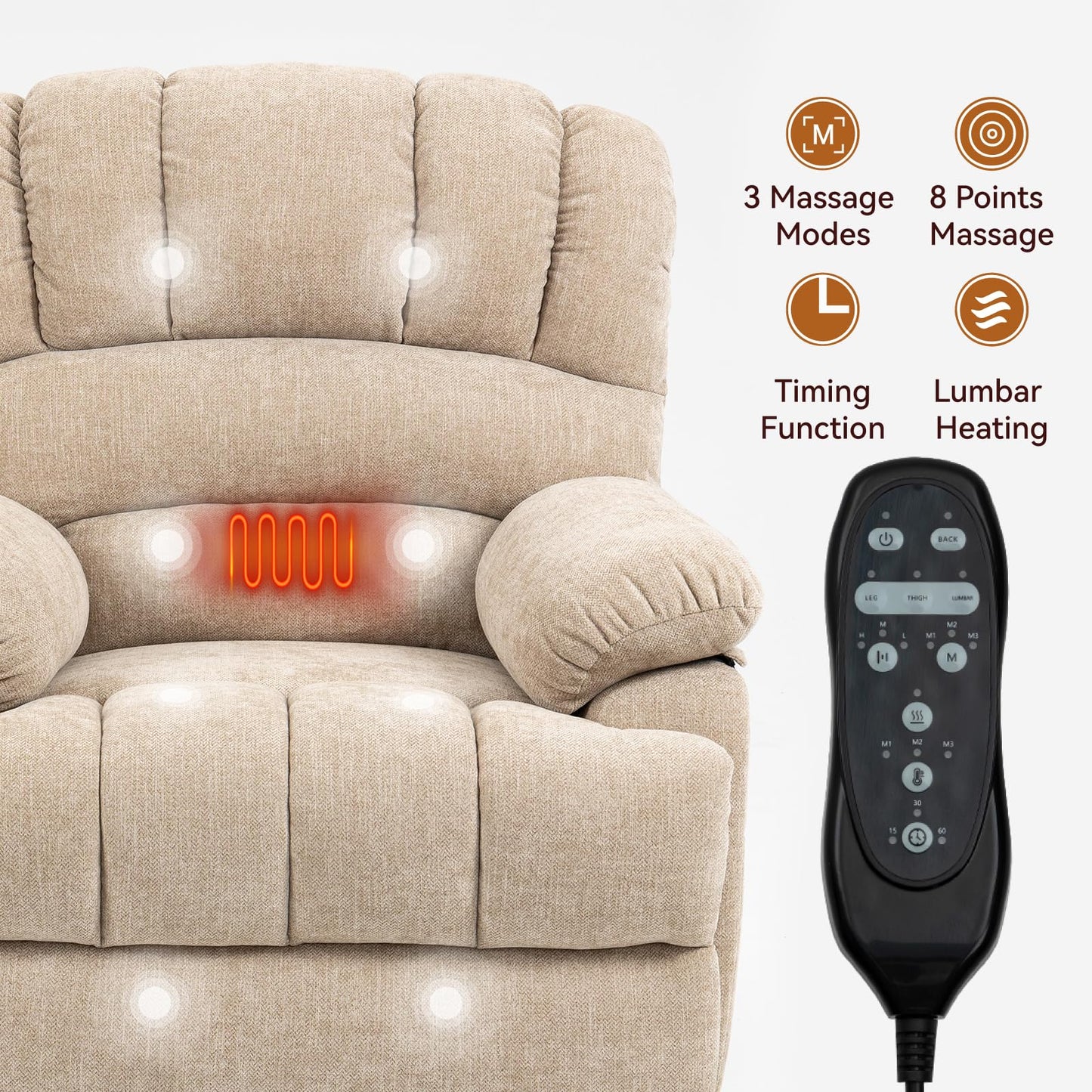 KEIKI Large Power Lift Recliner Chair with Wide Seat and Remote for Big and Tall, Soft Fabric Finish with Vibration Massage and Lumbar Heating