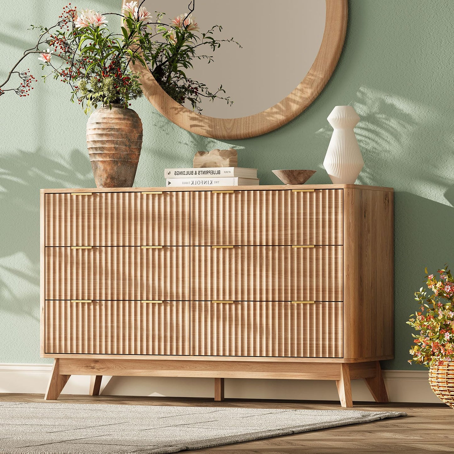 TROJM 47'' Wide 6 Drawers Dresser for Bedroom,Modern Fluted Vertical Chest with Rounded Corners,Fluted Dresser for Living Room,Hallway, Natural Wood