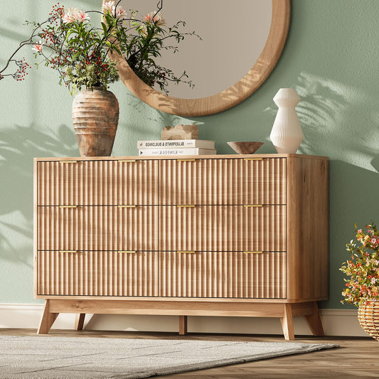 TROJM 47'' Wide 6 Drawers Dresser for Bedroom,Modern Fluted Vertical Chest with Rounded Corners,Fluted Dresser for Living Room,Hallway, Natural Wood