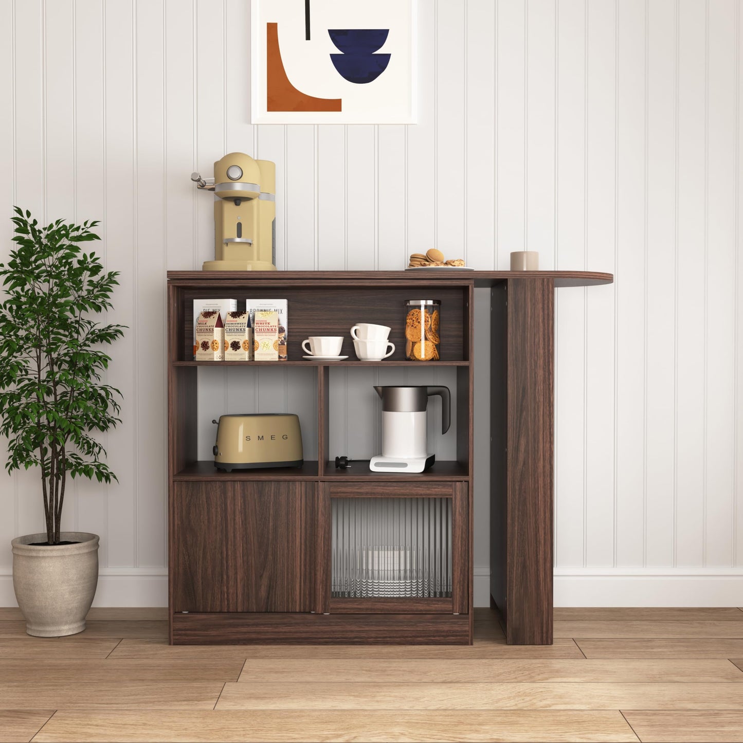 GDFStudio Modern Bar Cabinet with Rotating Top, Counter-Height Kitchen Dining Cabinet with 2 Ribbed Glass Doors & 6 Storage Shelves, Home Bar with Shelves, Living Room Storage Furniture, Walnut Brown