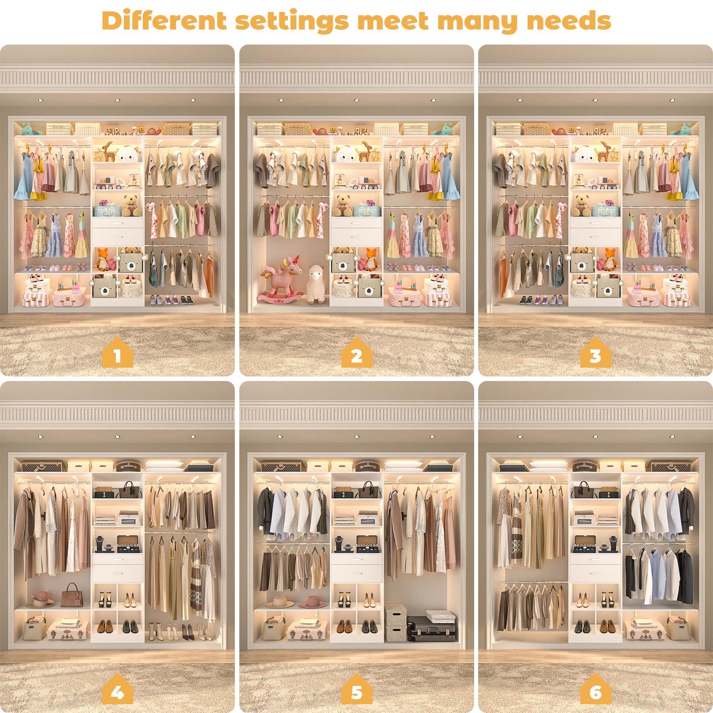 Besiost Closet System - 5-8FT Closet Organizer System with Wooden Drawers & Cube Storage Organizer, Up To 96" Closet Systems for Nursery & Walk-In Closets with Cuttable Hanging Shelving, White