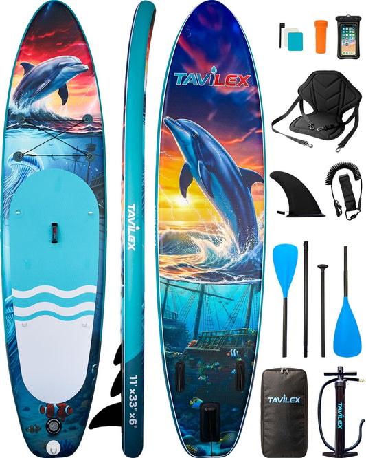 Tavilex Inflatable Stand Up Paddle Board with Seat, 11' x 33" x 6" Ultra-Wide 2-in-1 SUP Board for Adults & Youth, Stable Blow Up Paddleboard Kit with Dual-Blade Paddle (Ocean Dolphin)