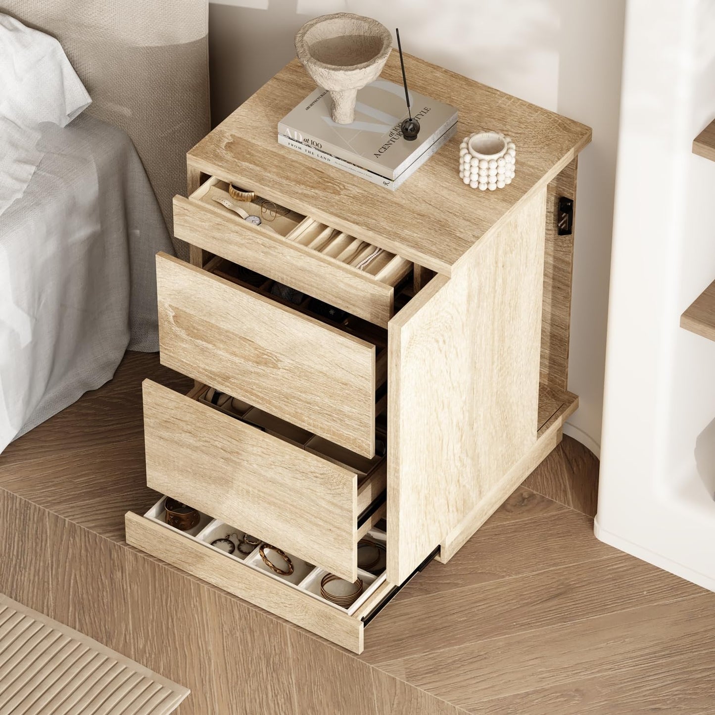 Homsee 31.3" H 4-Drawer Nightstand with Electronic Lock, Hidden Shelves & Gun Drawers, Versatile Wooden Night Stand Sofa End Bed-Side Table for Bedroom Living Room, Oak