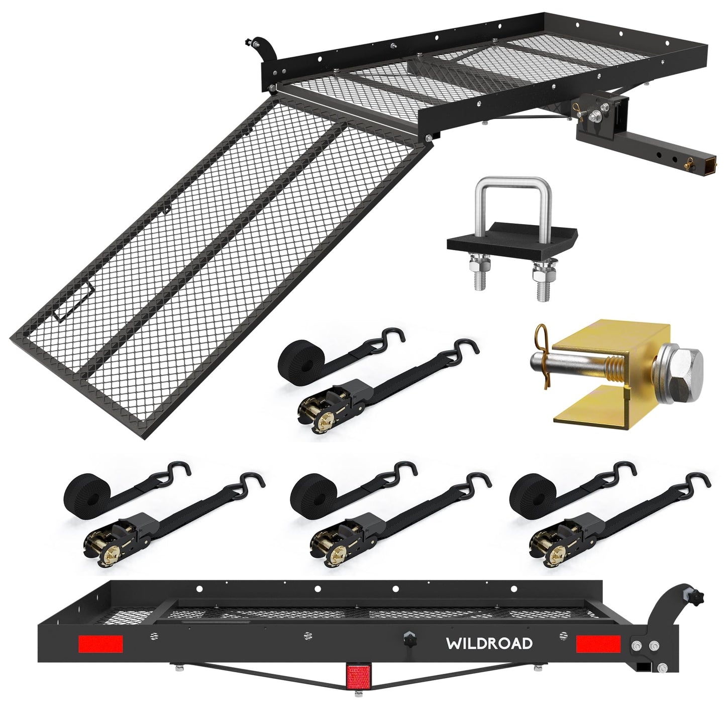 WILDROAD Hitch Cargo Carrier with Ramp 48" x 26" x 4" 500 LBS Folding Trailer Hitch Steel Wheelchair and Mobility Scooter Carrier Fits 2" Receiver with Stabilizer and 4pcs Ratchet Straps