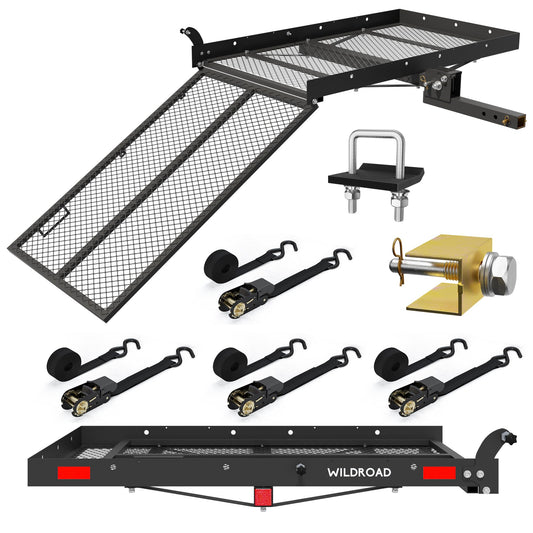 WILDROAD Hitch Cargo Carrier with Ramp 48" x 26" x 4" 500 LBS Folding Trailer Hitch Steel Wheelchair and Mobility Scooter Carrier Fits 2" Receiver with Stabilizer and 4pcs Ratchet Straps