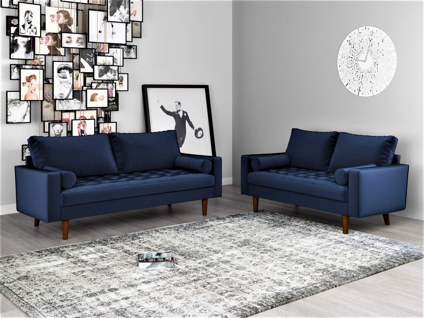 Container Furniture Direct Womble 58 Inch Velvet Loveseat Sofa with Elegant Button Tufted Upholstery, Square Arms, Splayed Wood Legs, Includes Matching Bolster Pillows, Denim Blue