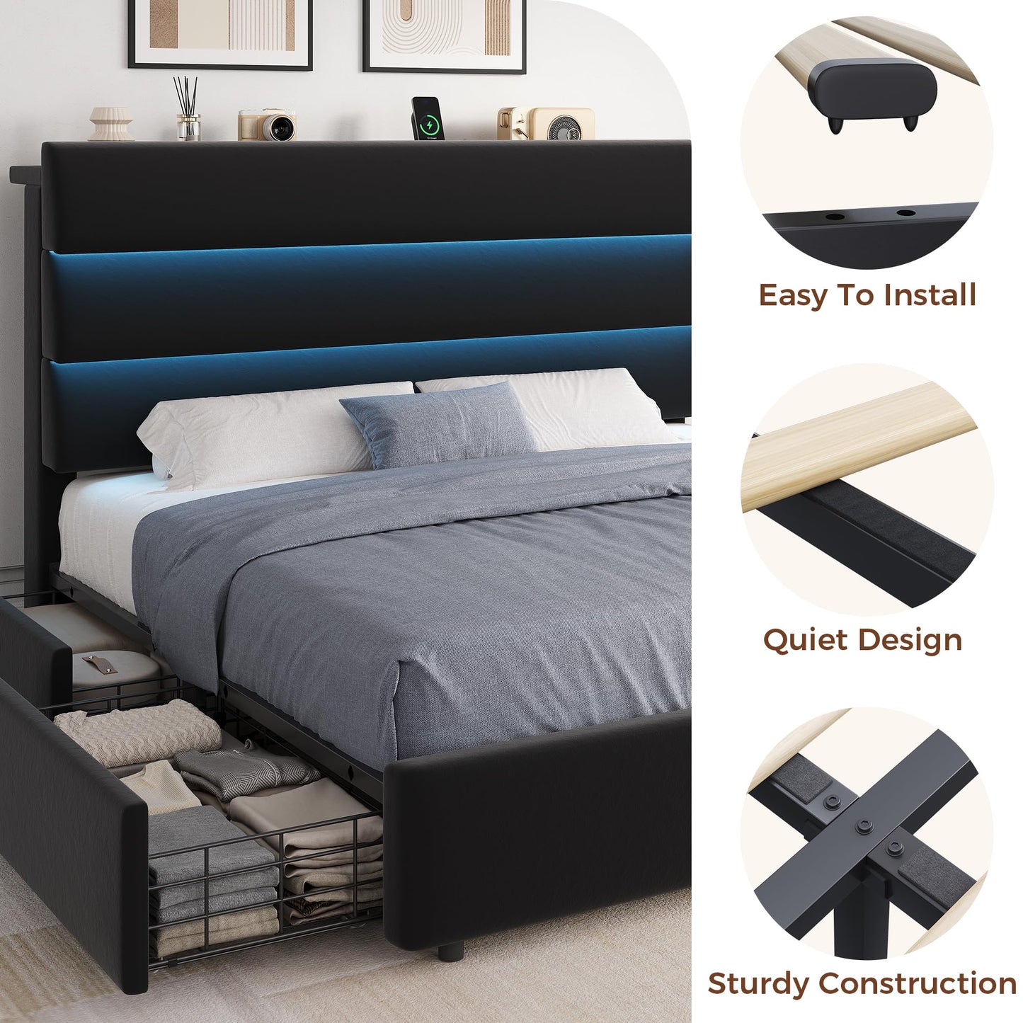 Jocoevol Full Size Bed Frame with 2 Storage Drawers and Headboard Shelf, Velvet Upholstered Platform Bed with LED Lights & Charging Station, Wooden Slats Support, No Box Spring Needed, Black