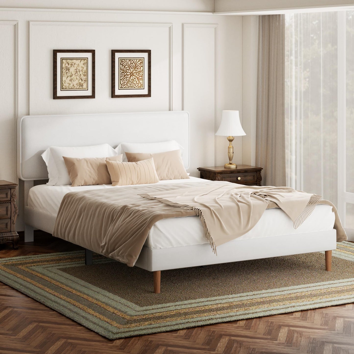 HAOARA Queen Size Upholstered Platform Bed Frame, PU Leather Adjustable Headboard, No Box Spring Needed, Wood Slats Support, Easy Assembly, White