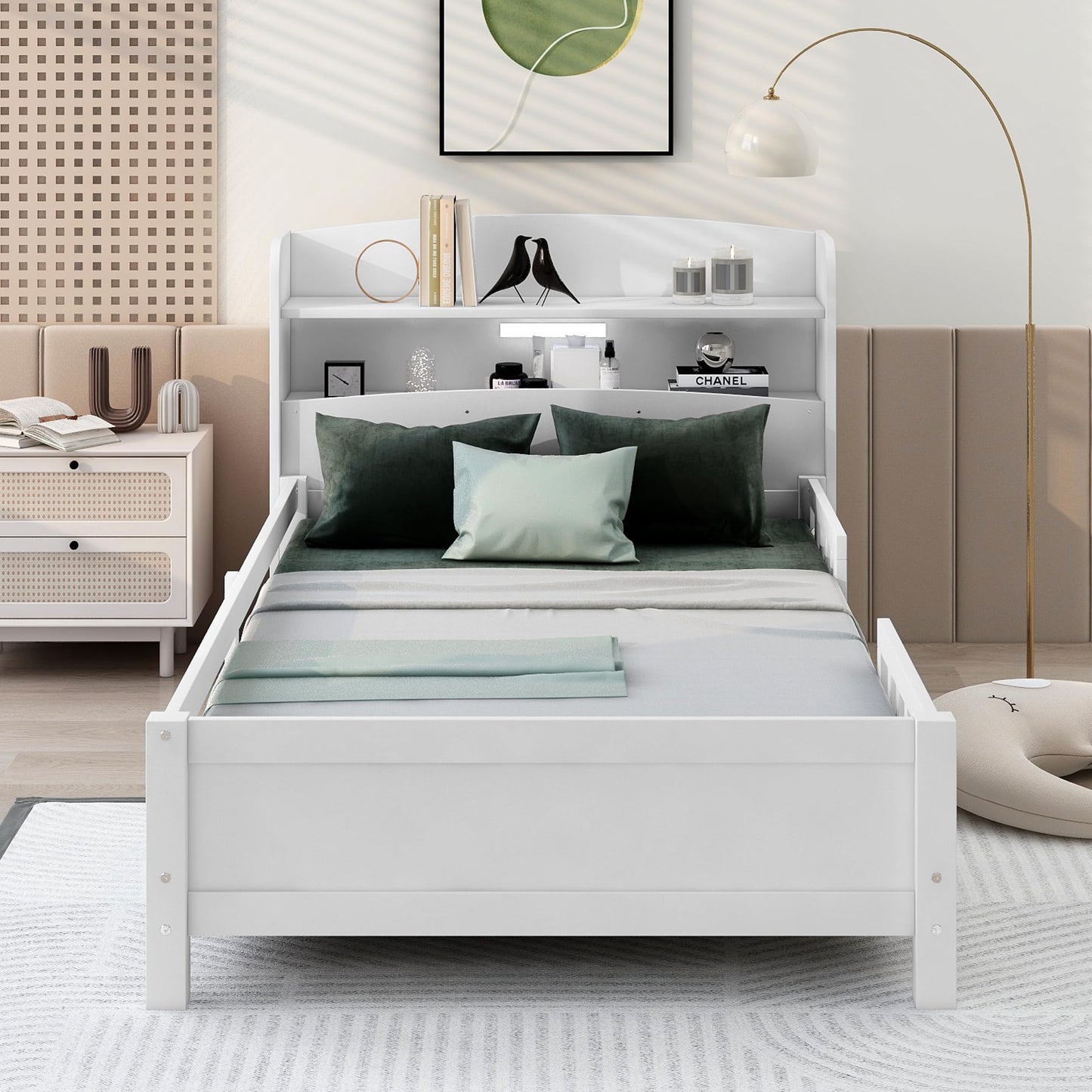 Merax Twin Bed Frame, Solid Wood Twin Size Platform Bed with Storage Headboard, Built-in Light and Safety Guardrail, Montessori Inspired Bed, No Box Spring Needed, White