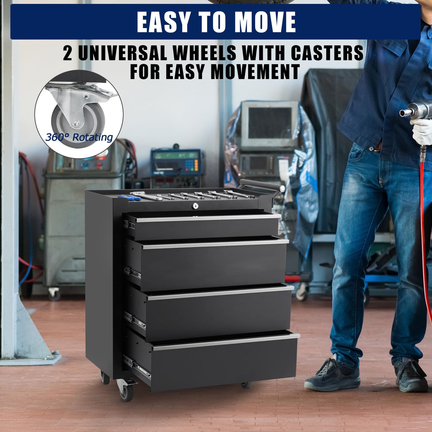 EliteEdge 24” Heavy-Duty Rolling Tool Cabinet, 4-Drawer Lockable Steel Tool Chest with 4 Locking Wheels & Reinforced Frame, High Weight Capacity Organizer for Garage, Workshop, and Home Use