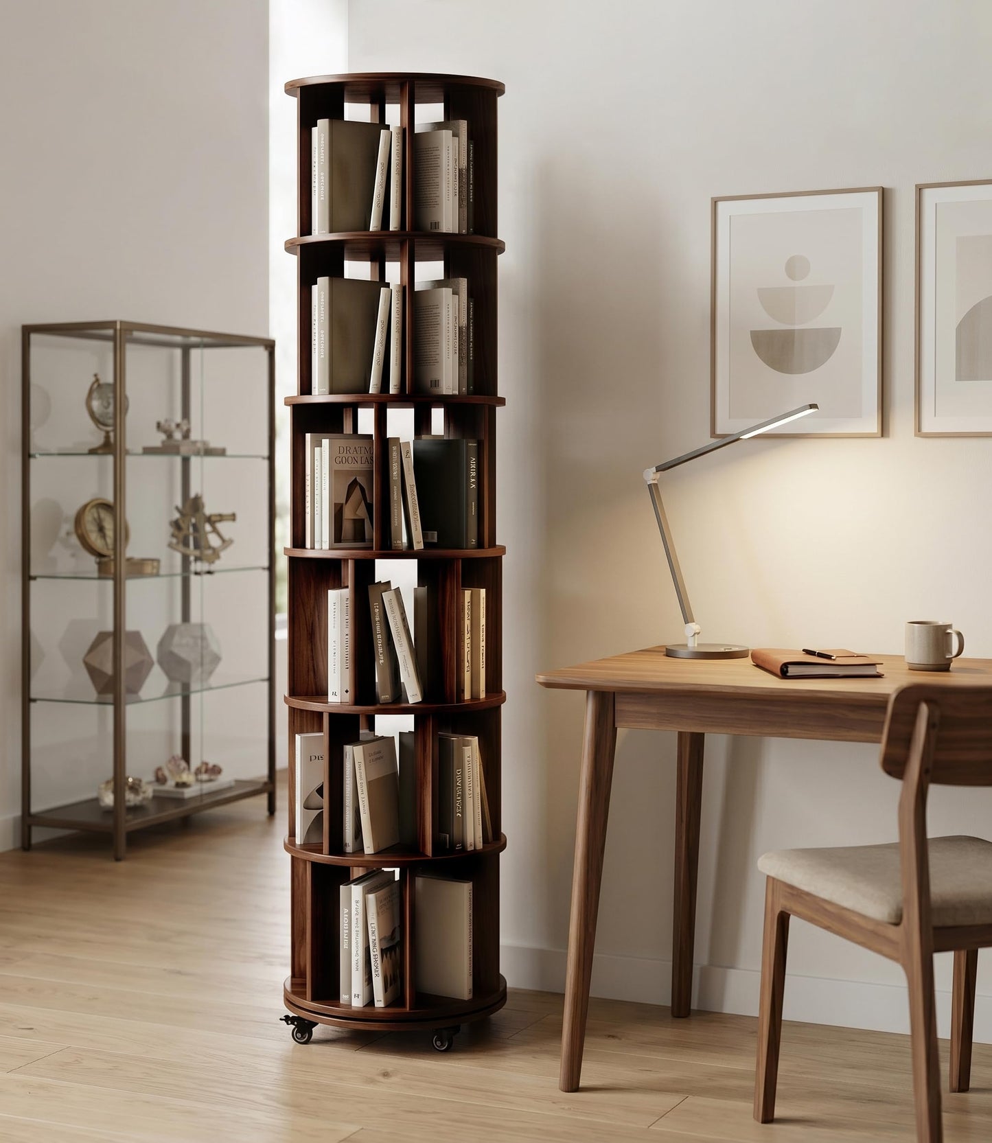 Rotating Bookshelf Tower on Wheels, Solid Rubber Wood Spinning, Round Bookcase with Lockable Casters, 360° Rolling, Book Shelf for Small Spaces, Corner, Home Office & Bedroom (6 Tier - Walnut)