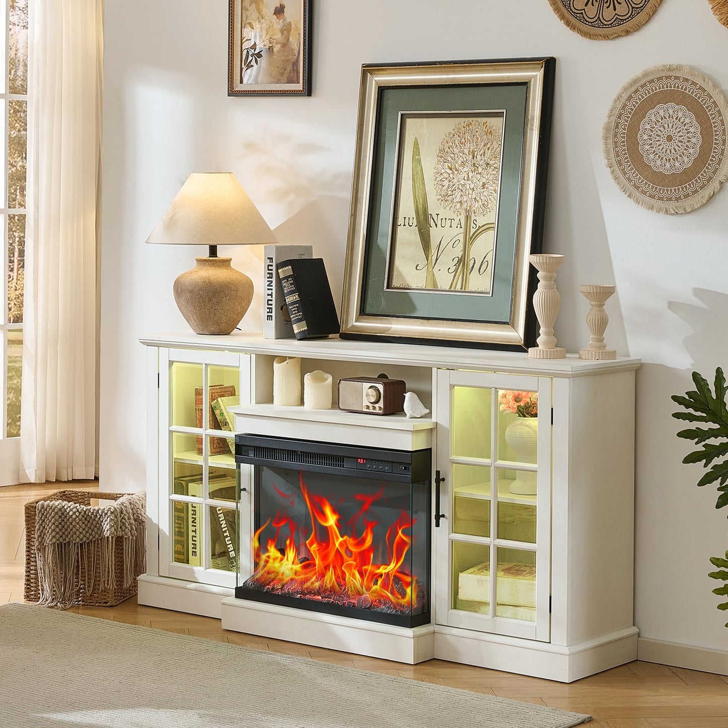 ROCKPOINT 3 Sided Glass 59" Fireplace TV Stand for TVs up to 65inch, Media Entertainment Center with Storage Cabinet,24" Electric Fireplace with LED Light and Flame Colors, White