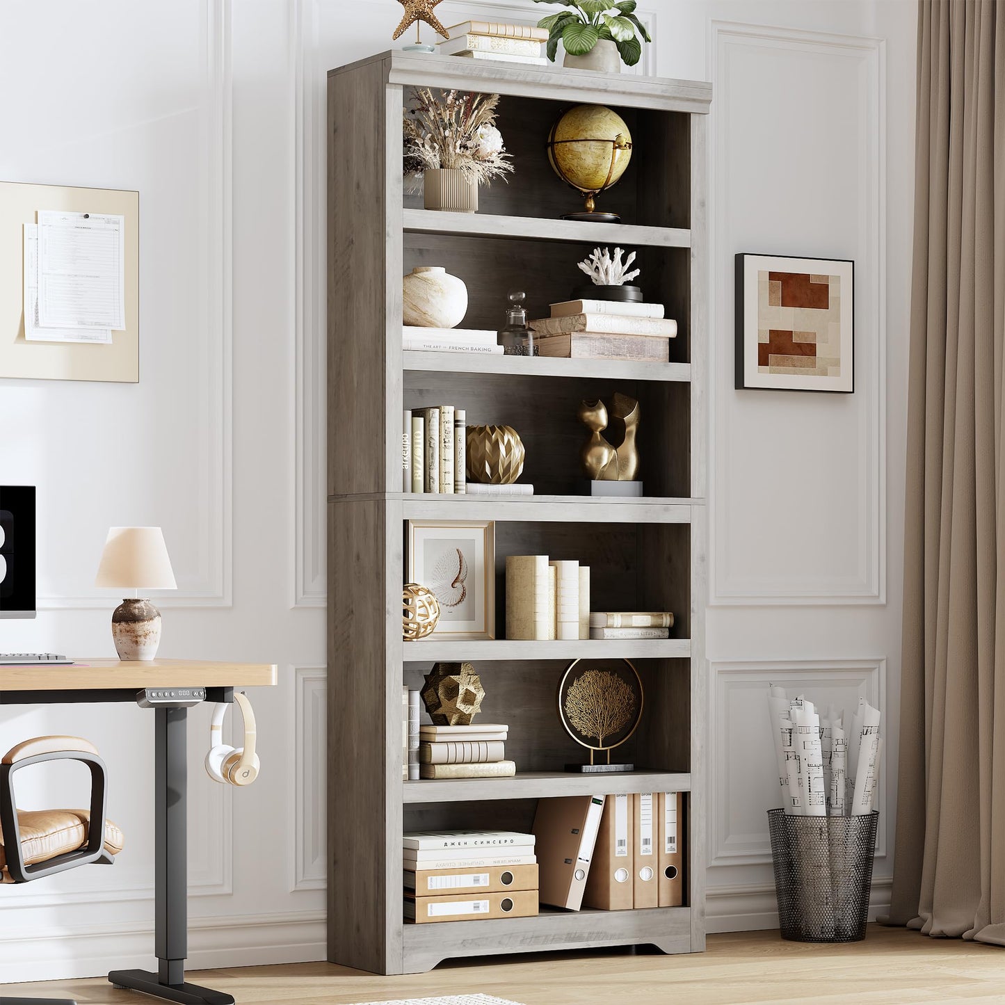 75" Tall Farmhouse Bookshelf, 6 Tiers Open Bookcase with Adjustable Shelves, Anti-Tip Floor Standing Storage Organizer, 31.5"W Wooden Display Shelf for Home Office, Living Room, Balcony & Study, Gray
