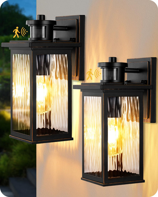 EDISHINE Motion Sensor Outdoor Light Fixtures, Dusk to Dawn, Waterproof Wall Lights, Black and Gold, Model HOWL07, 2 Pack