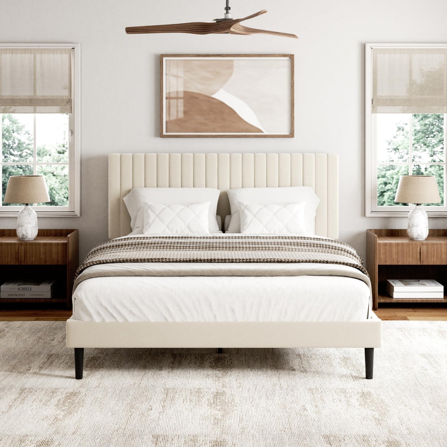 Sismplly Queen Size Bed Frame with Velvet Upholstered Headboard, Platform Bed with Strong Wood Slats, Mattress Foundation, Box Spring Optional, Easy Assembly, Beige