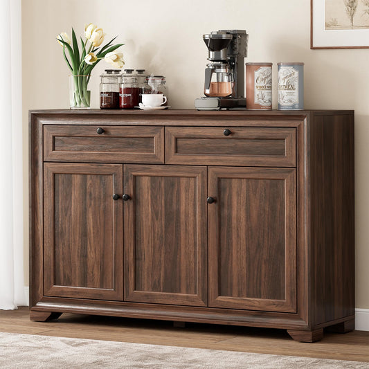 48 Inches Buffet Cabinet with Storage, Farmhouse Sideboard Buffet w/2 Drawers and 3 Doors, Wood Coffee Bar Cabinet with Adjustable Shelves, Kitchen Storage Cabinet for Dining Room/Living Room, Brown