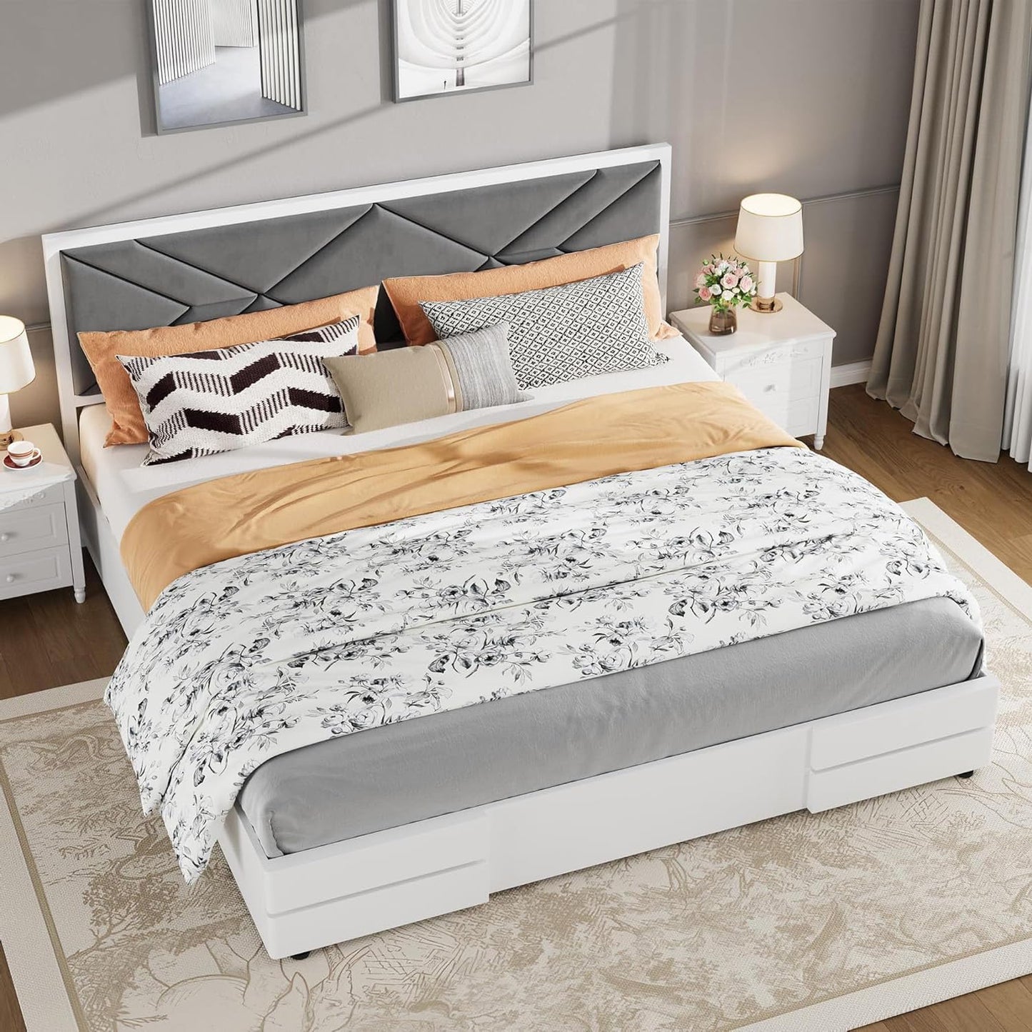 Garvee Full Size Upholstered Bed Frame, Tufted Design Soft Headboard, Wooden Slat Support, Mattress Foundation No Box Spring Needed, Stable & Quiet Full Bed Frame for Bedroom, Easy Assembly, White