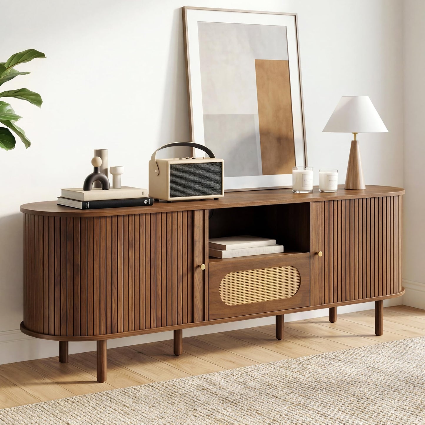 63'' Tambour TV Stand with Power Outlet for TVs up to 70 in,Mid-Century Modern TV Entertainment with 3 Cable Management Holes,Rattan Drawer & Fluted Sliding Doors,Media Console with Solid Wood Legs