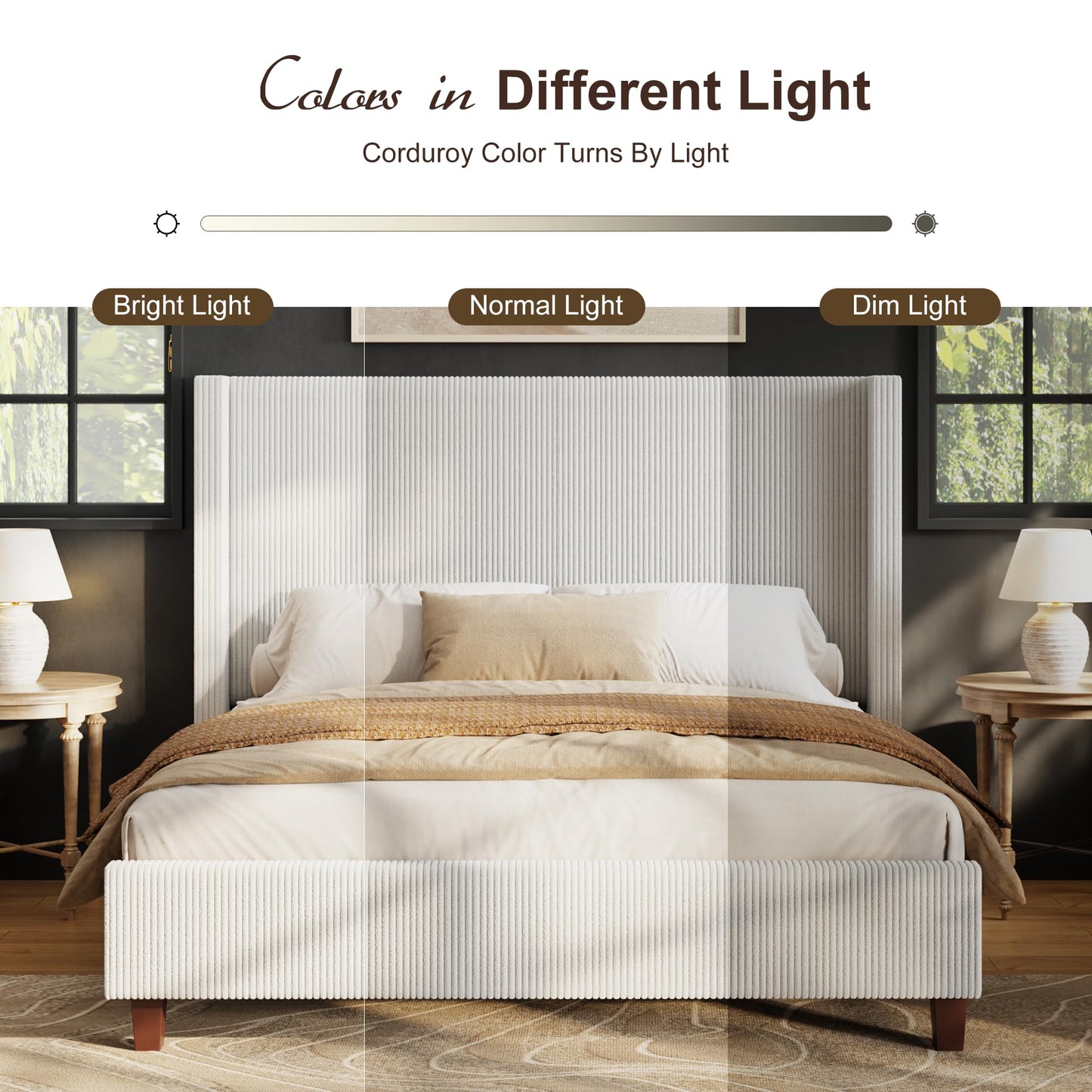 HOWE Queen Size Bed Frame with 50.8 Inch Corduroy Wingback Headboard, Cream