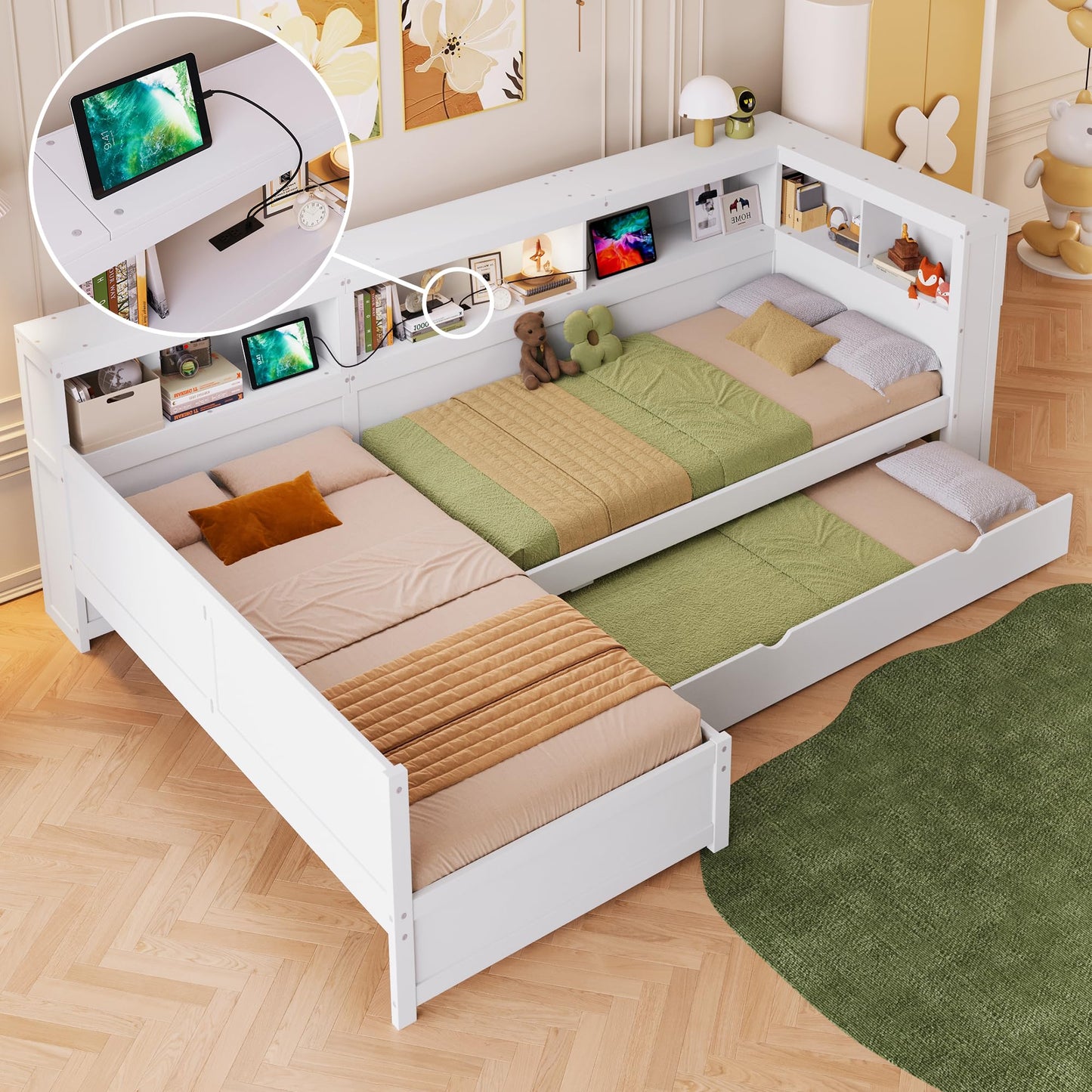 Merax L-Shaped Twin Bed for 2 with Trundle for 3, Wood Corner Platform Bed Frame with 1 Drawer & 5 Storage Shelves & Charging Station for Bedroom Guest Room, No Spring Box Needed (White)