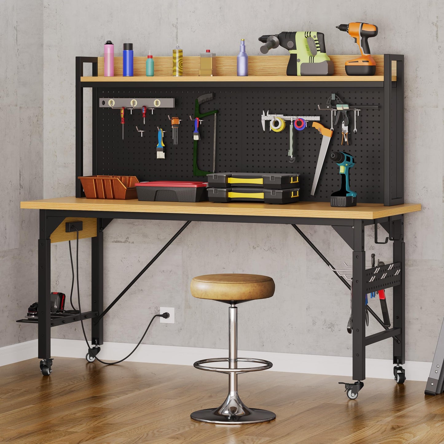 DWVO 48in Adjustable Rolling Workbench Heavy Duty with Pegboard & Wheels