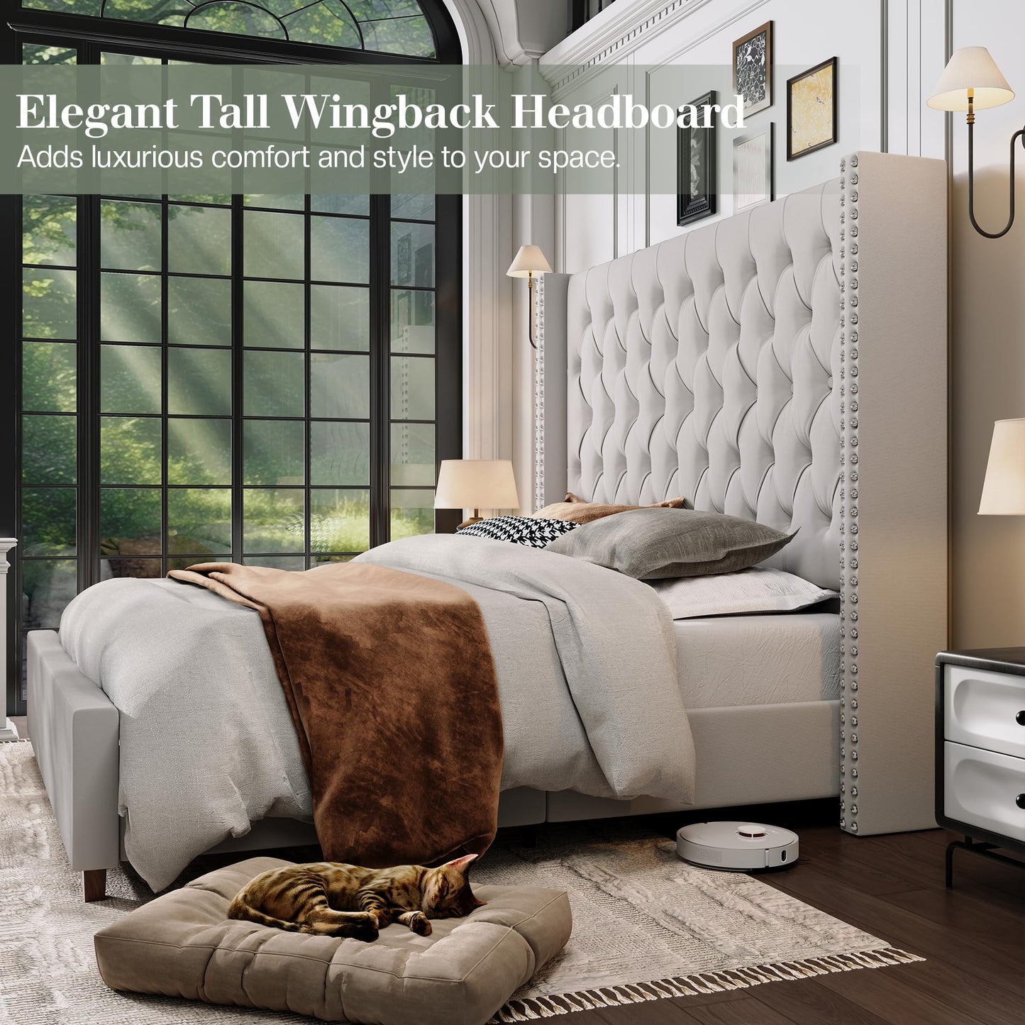 Jocisland King Size Bed Frame 61.4" Extra Tall Wingback Headboard Velvet Upholstered Deep Button Tufted Platform Bed with Solid Wood Legs & Wood Slats, No Box Spring Needed, Cream