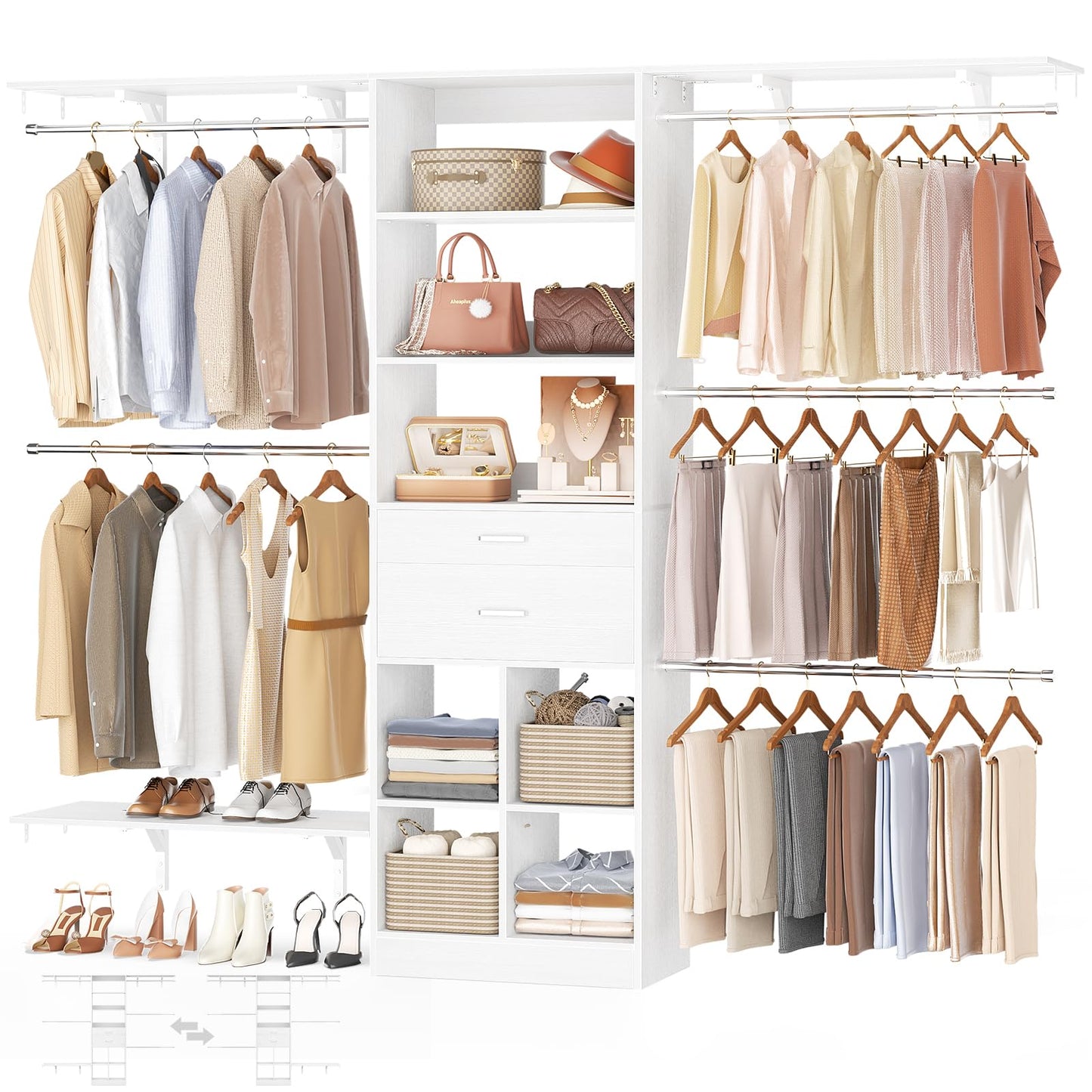 Besiost Closet System - 5-8FT Closet Organizer System with Wooden Drawers & Cube Storage Organizer, Up To 96" Closet Systems for Nursery & Walk-In Closets with Cuttable Hanging Shelving, White