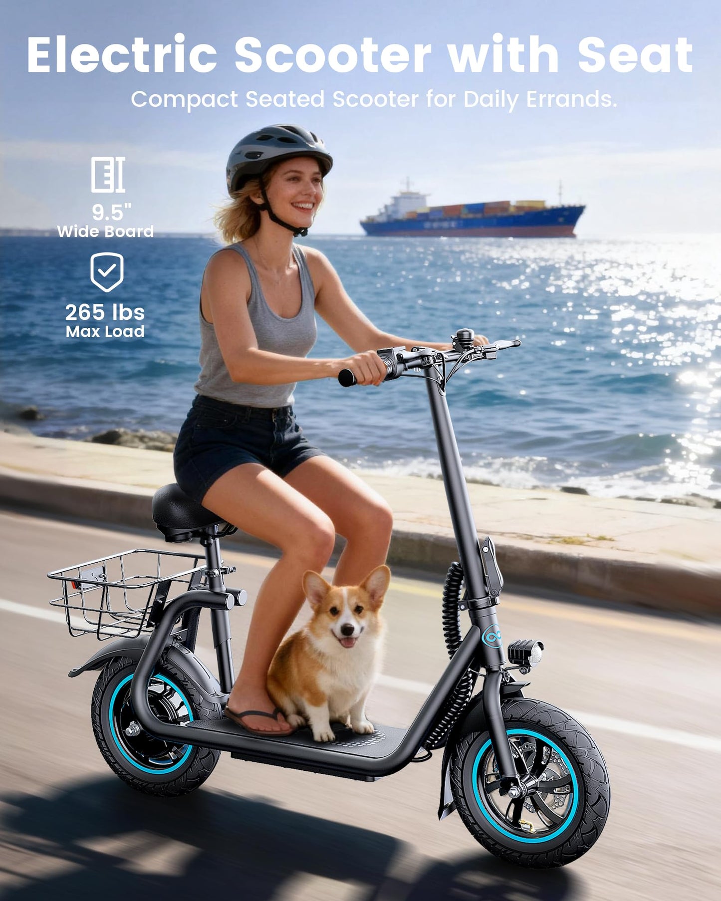 AWWSCOOTER C1 Electric Scooter with Seat for Adults, 450W Motor, 20-Mile Range, 16MPH, Foldable Commuter E-Scooter with Basket for Grocery, Pets, and Daily Commute– Matte Black