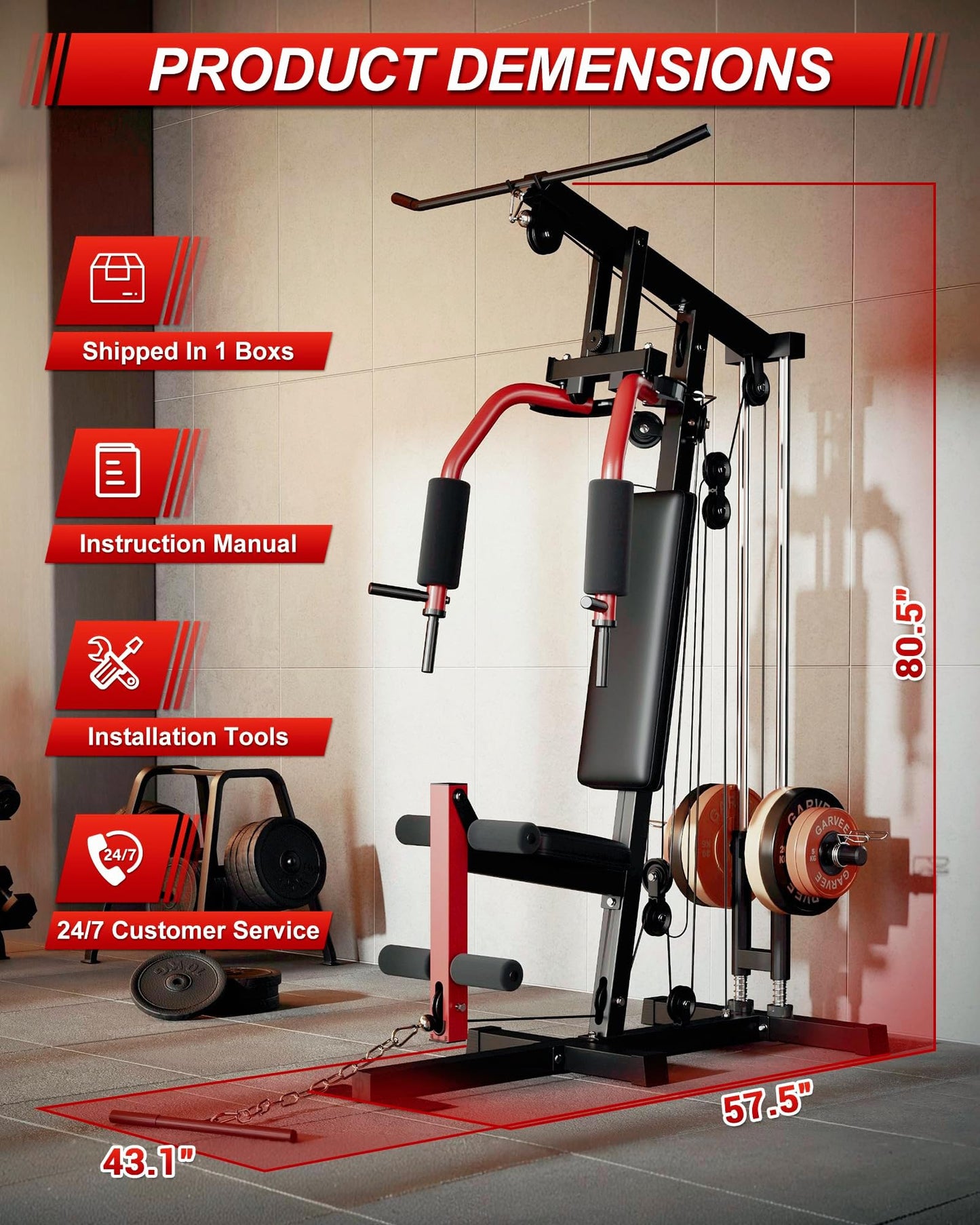 Home Gym Machine, Max 300LBS Capacity Home Gym Equipment with Leg Press, Multifunctional Exercise Equipment for Full Body Strength Training, Fit 1" & 2" Weight Plates (Not Included)