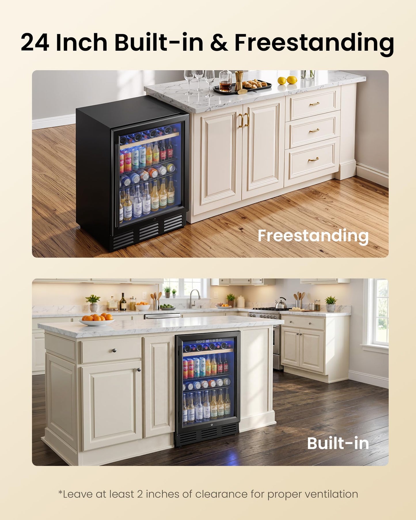 ICEVIVAL 24 In Beverage Refrigerator, 112 Cans & 8 Bottles Wine Fridge with Double-Layer Glass Door, Built-In or Freestanding Wine and Beverage Refrigerator, Under Counter Fridge for Home/Bar/Cafe