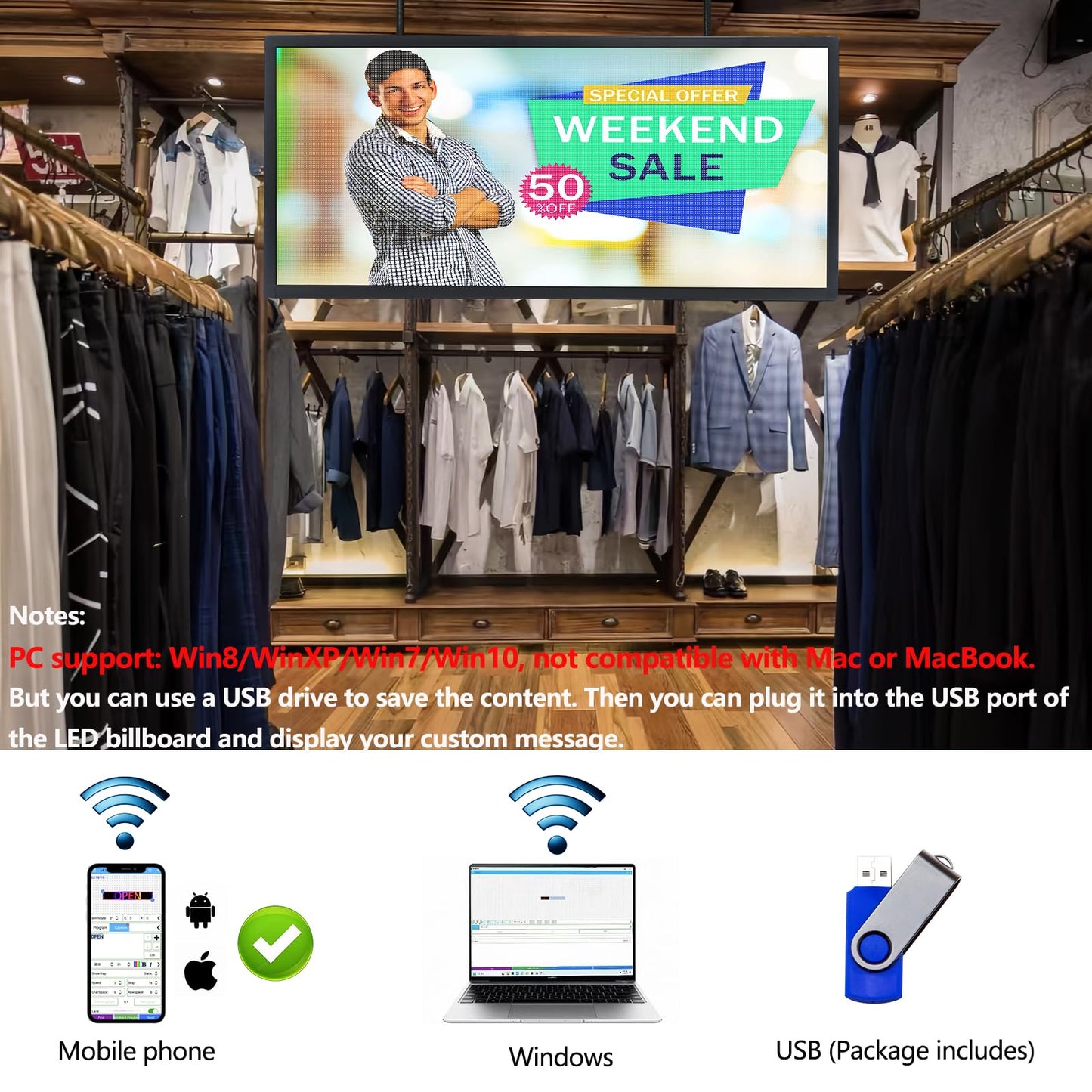 P3 Full Color LED Scrolling Programmable Sign Brightness Adjustable, IP65 Outdoor Digital Message Board, WiFi + USB Control Led Message Signs for Restaurant to Display Text/Images/Video 40''x17''