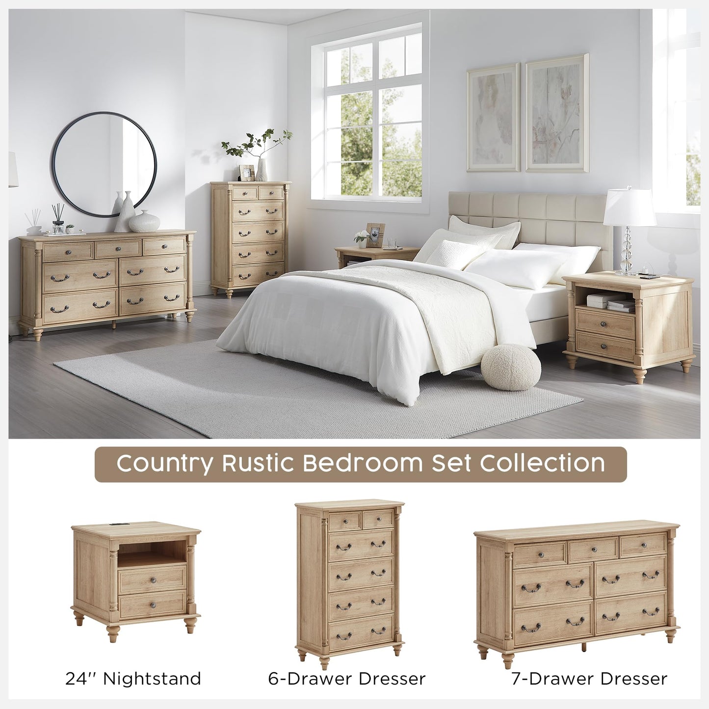 T4TREAM 24'' Farmhouse End Table w/4 Solid Wood Feet, Large 2 Drawers Wide Sofa Side Table with Charging Station, Tall Modern Wood Square Nightstand for Living Room, Bedroom, Office, Natural Oak