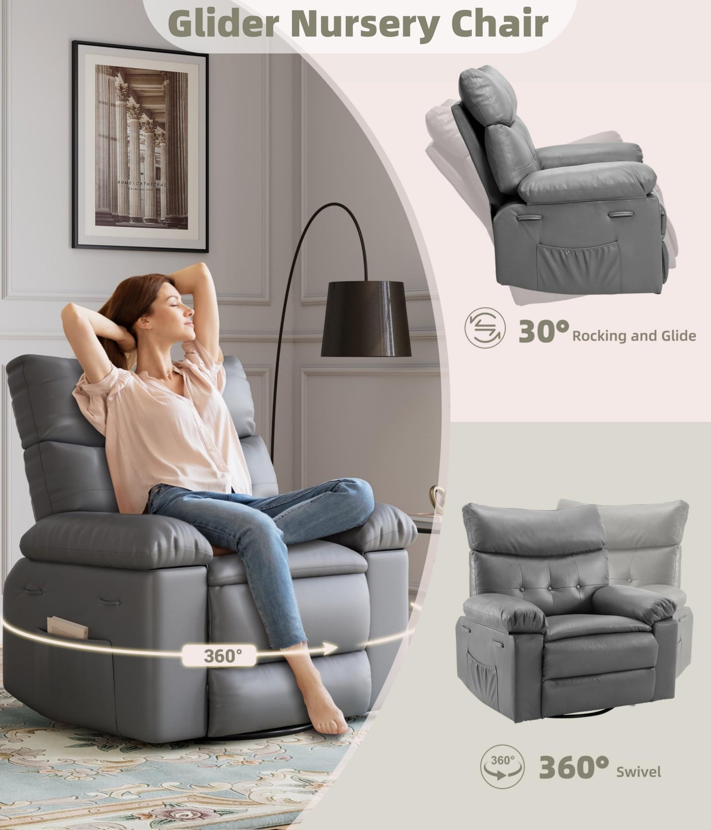 GarveeHome Oversized Leather Recliner Chair - Heat and Massage, Swivel Rocker Manual Recliner for Adults, Lazy Rocking Chair with Comfort Arms and Back Single Sofa for Living Room